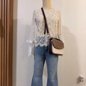 Say What Womens Large Ivory Lace Bell Sleeve Blouse Sheer Mesh Floral Boho Top